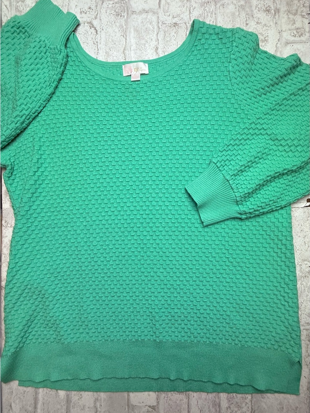 Belle by Kim Gravel Green Textured Knit Pullover Sweater Crew Neck Long Slv L 😍
